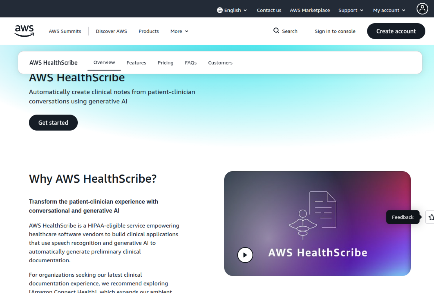 Screenshot of the official AWS HealthScribe product page