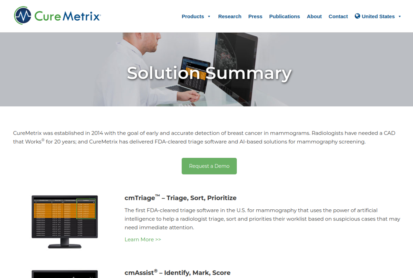 Screenshot of the official CureMetrix product page