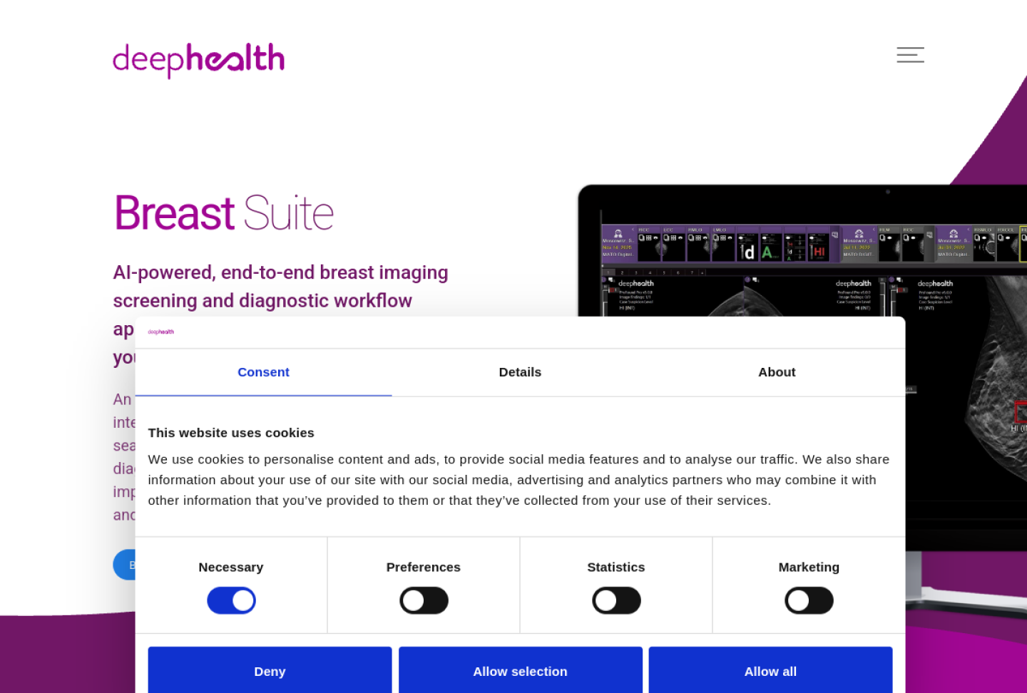 Screenshot of the official DeepHealth Breast Suite product page