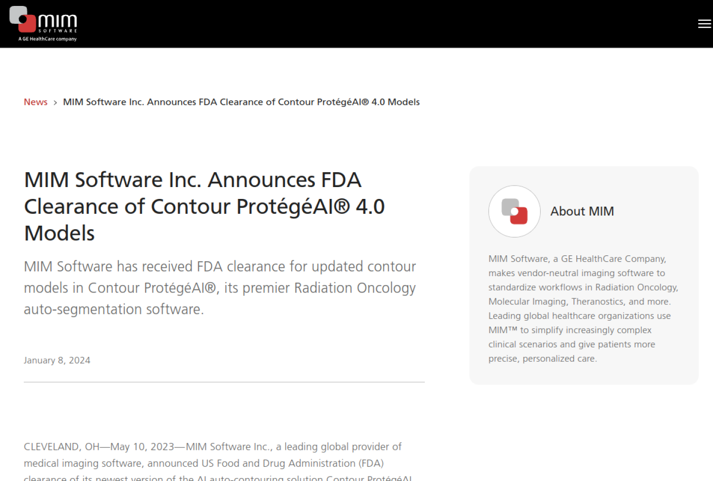 Screenshot of the official MIM Contour ProtegeAI product page