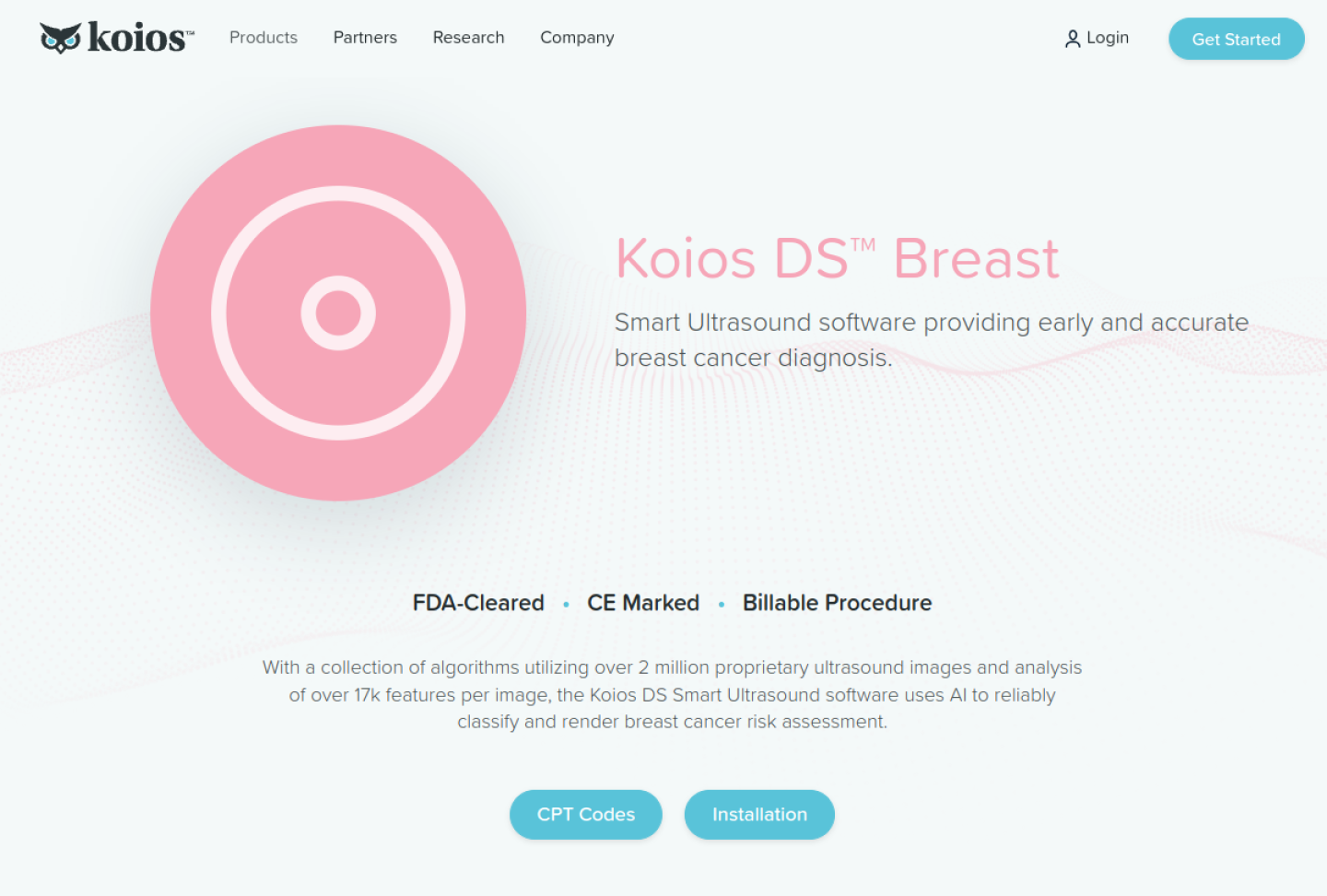 Screenshot of the official Koios DS Breast product page