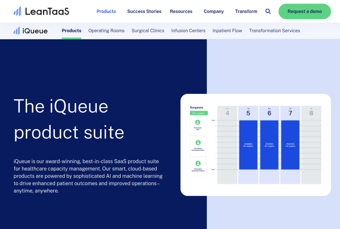 Screenshot of the official LeanTaaS iQueue product page