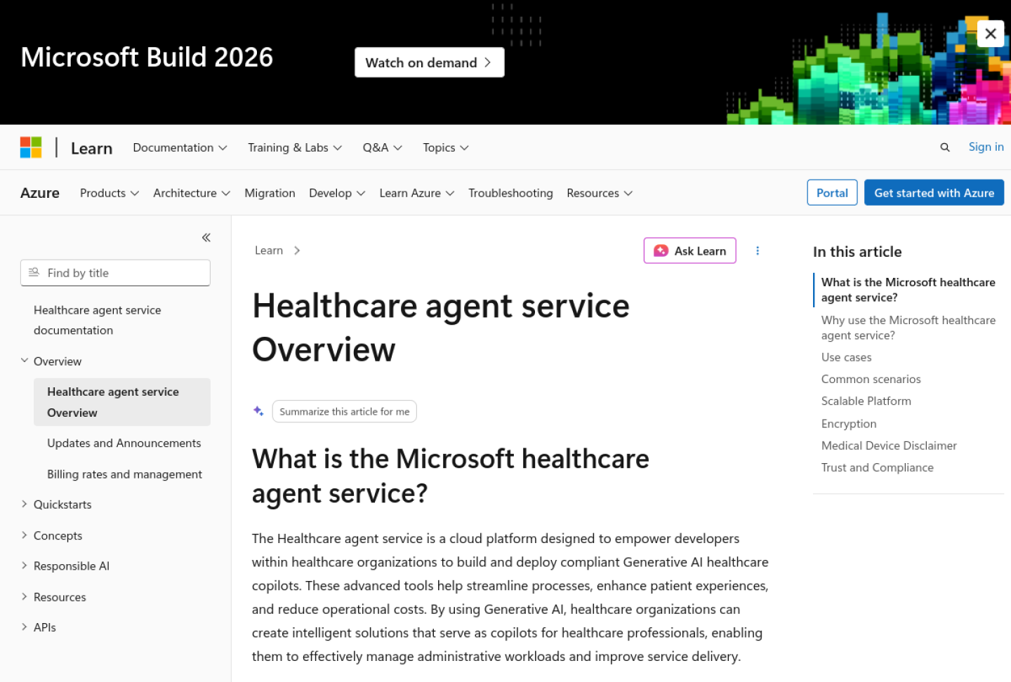 Screenshot of the official Microsoft Healthcare Agent Service product page