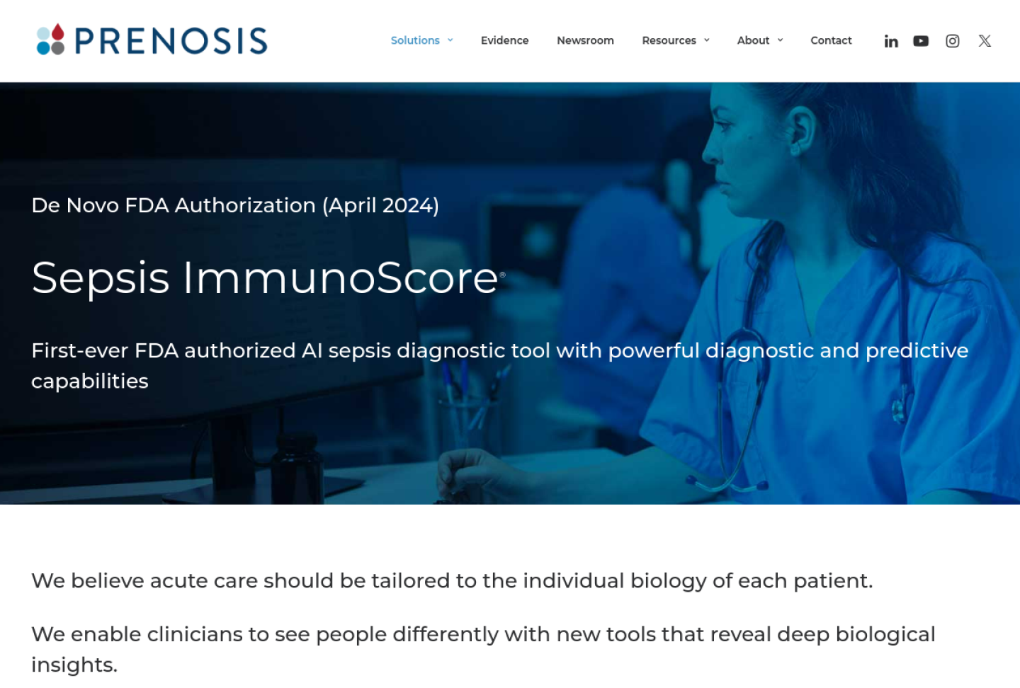 Screenshot of the official Prenosis Sepsis ImmunoScore product page