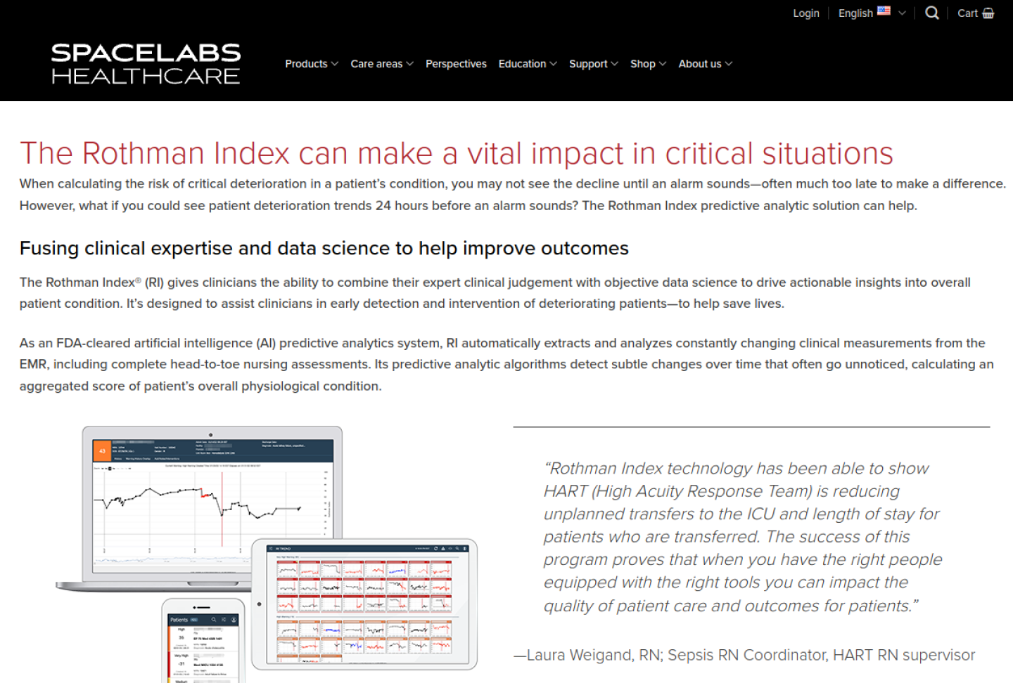 Screenshot of the official Spacelabs Rothman Index product page