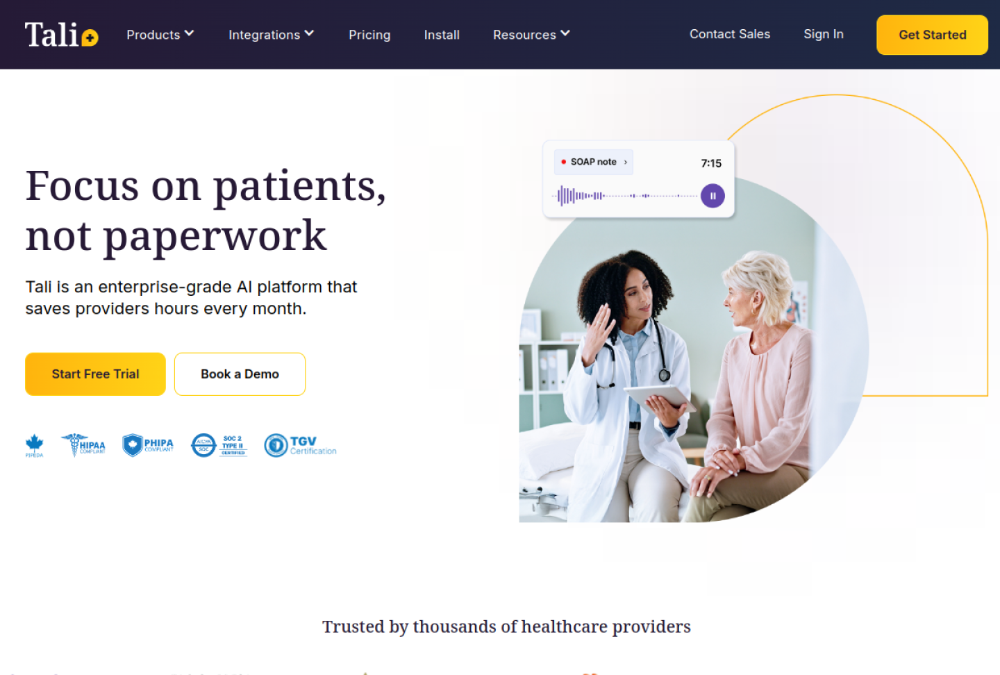 Screenshot of the official Tali AI product page