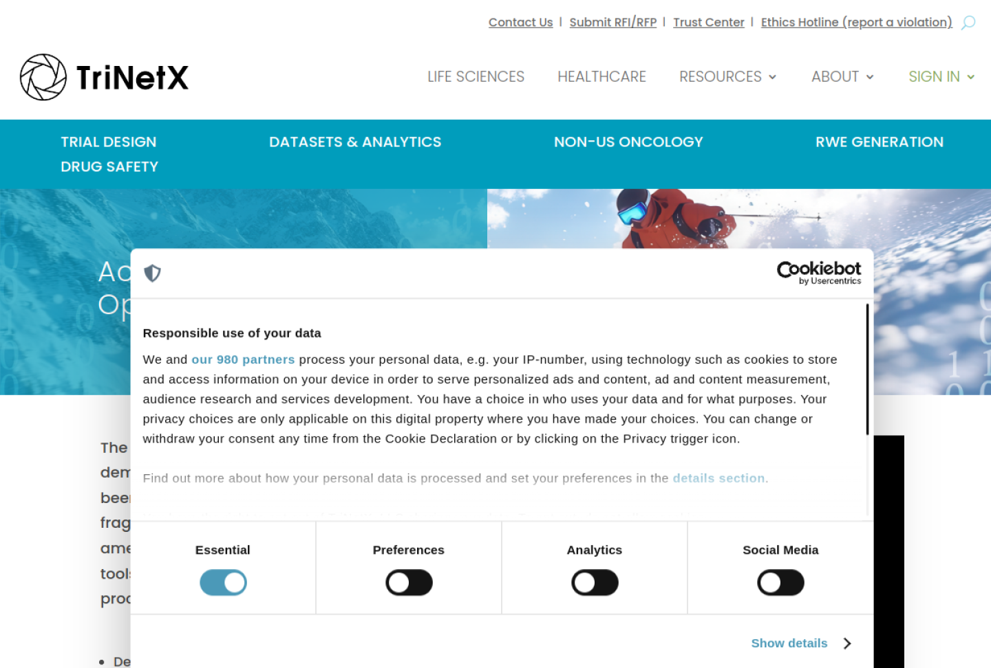 Screenshot of the official TriNetX product page