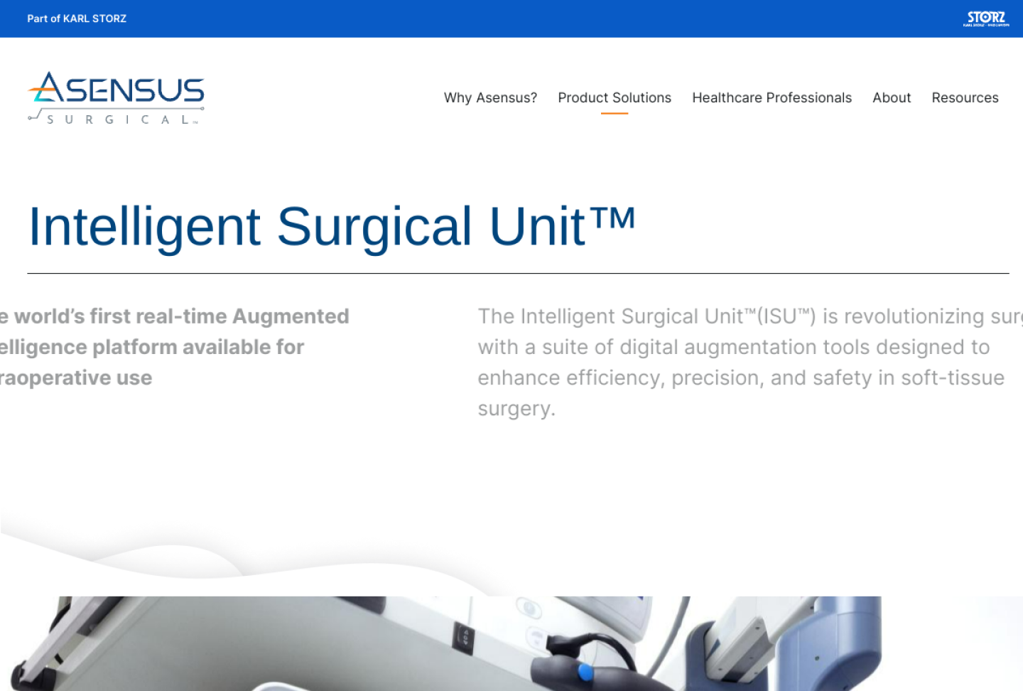 Screenshot of the official Asensus Intelligent Surgical Unit product page