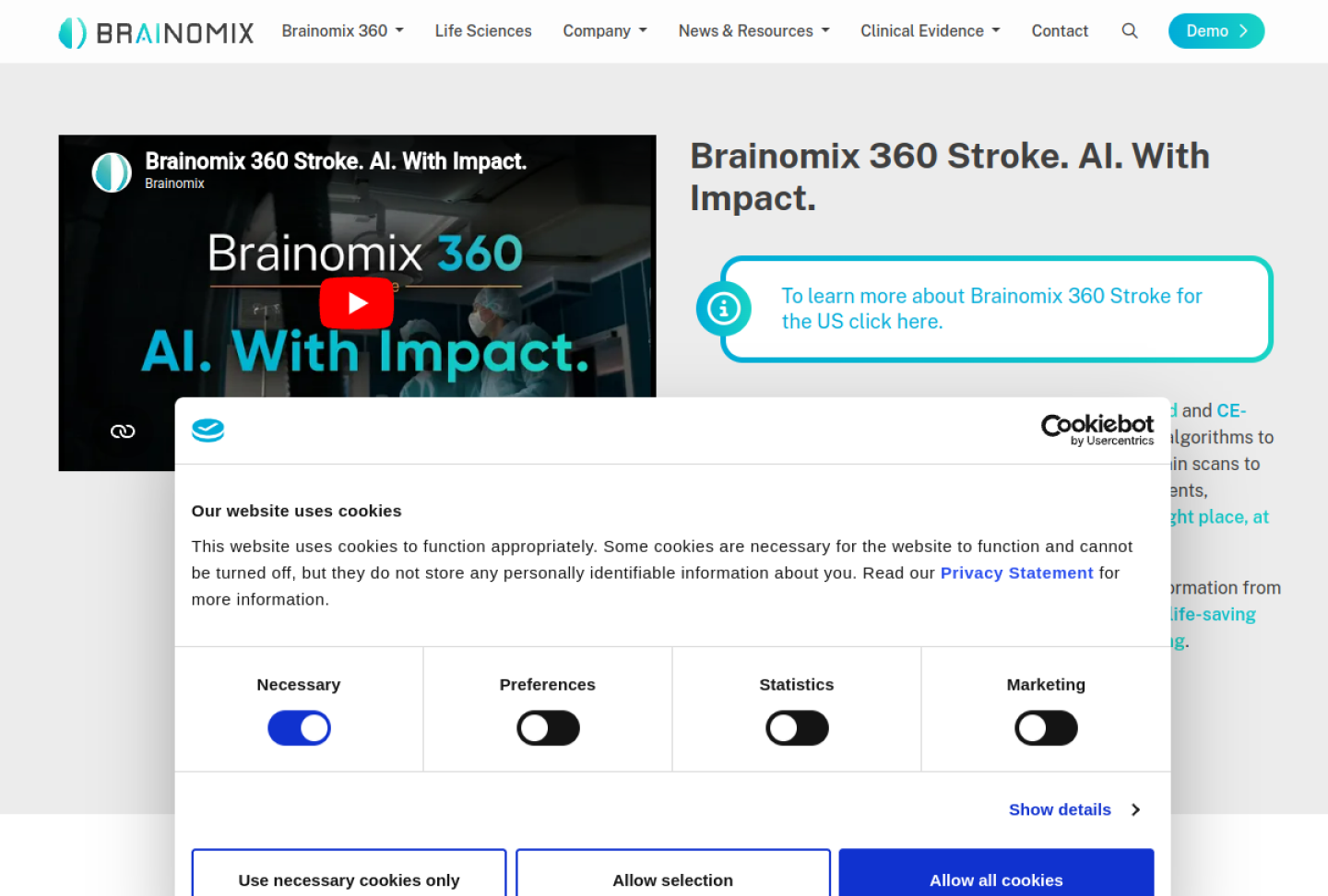 Screenshot of the official Brainomix 360 Stroke product page