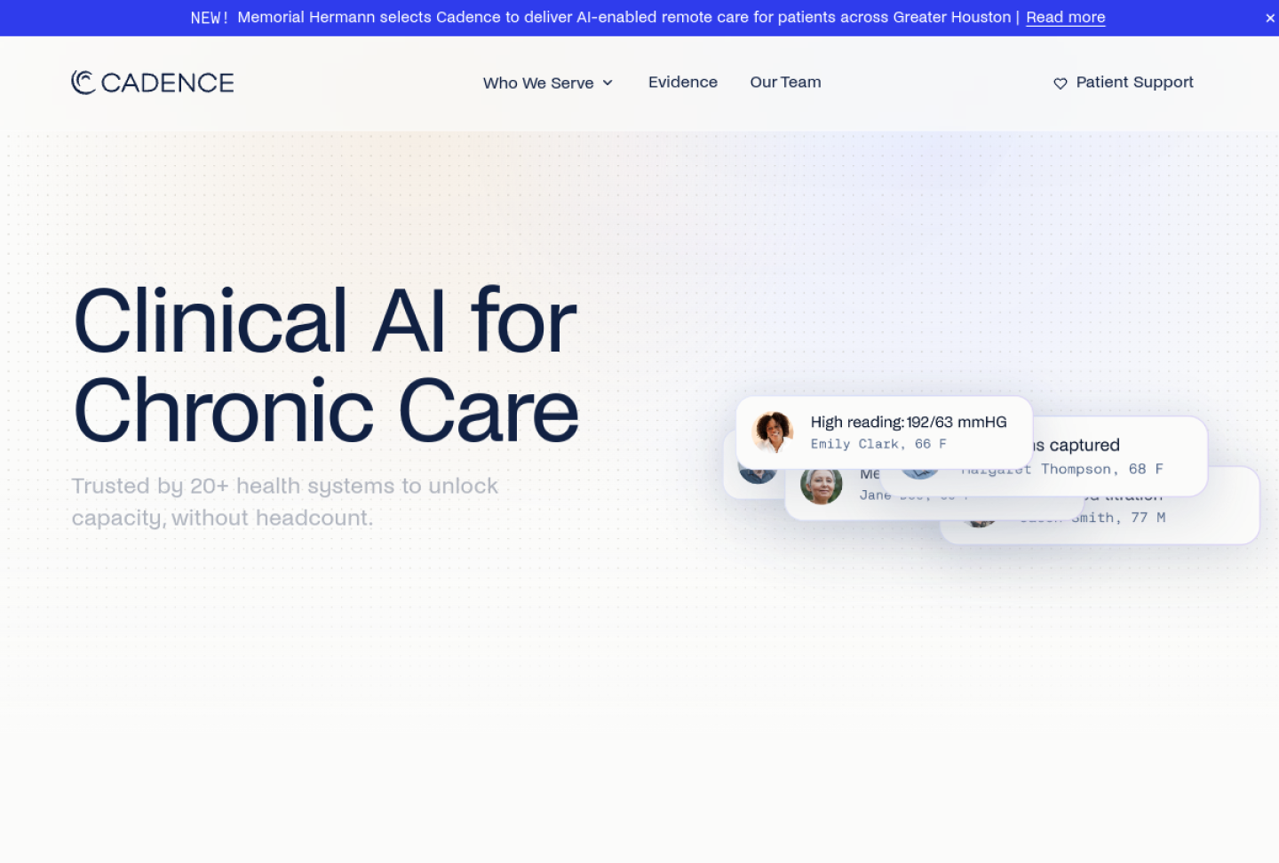 Screenshot of the official Cadence Clinical Intelligence product page