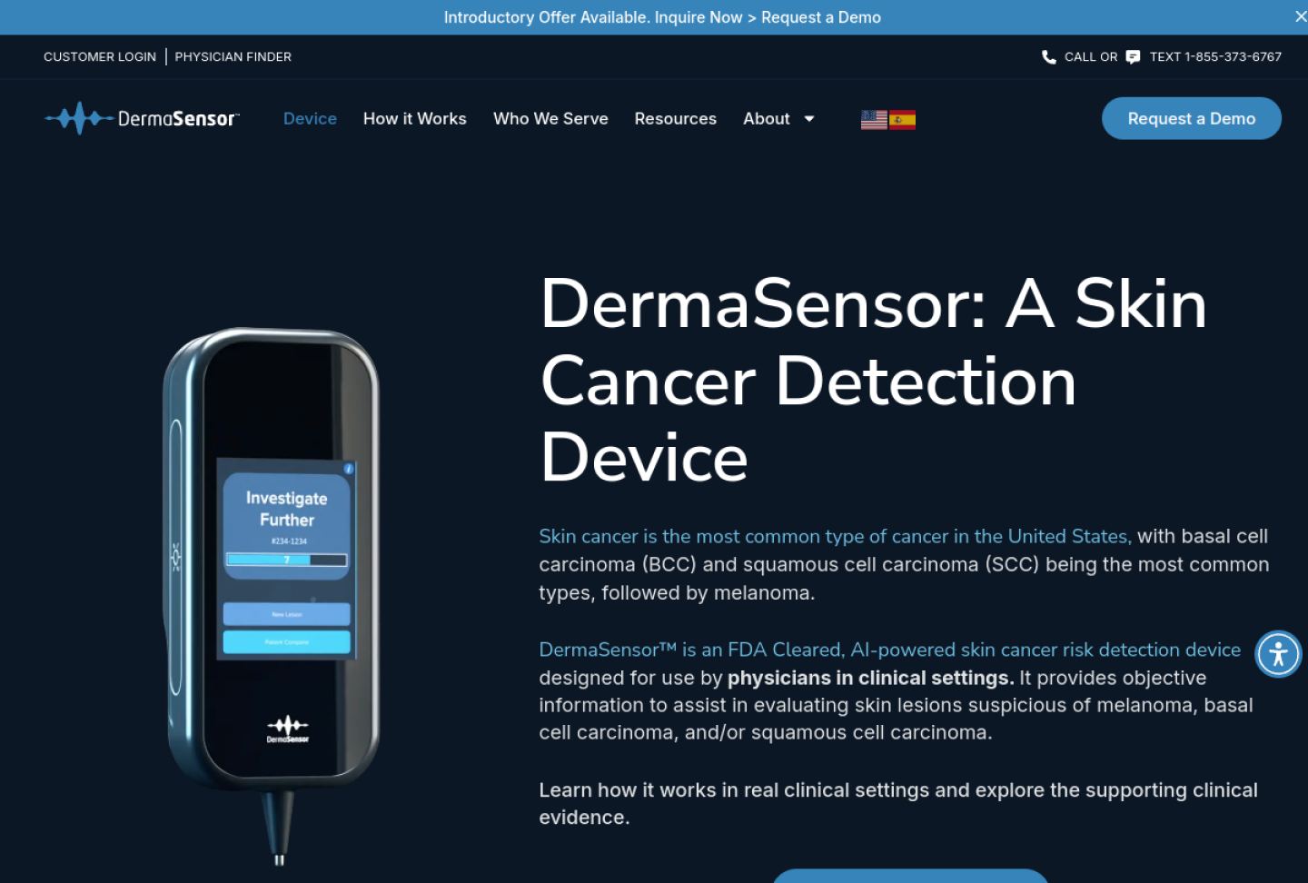 Screenshot of the official DermaSensor product page