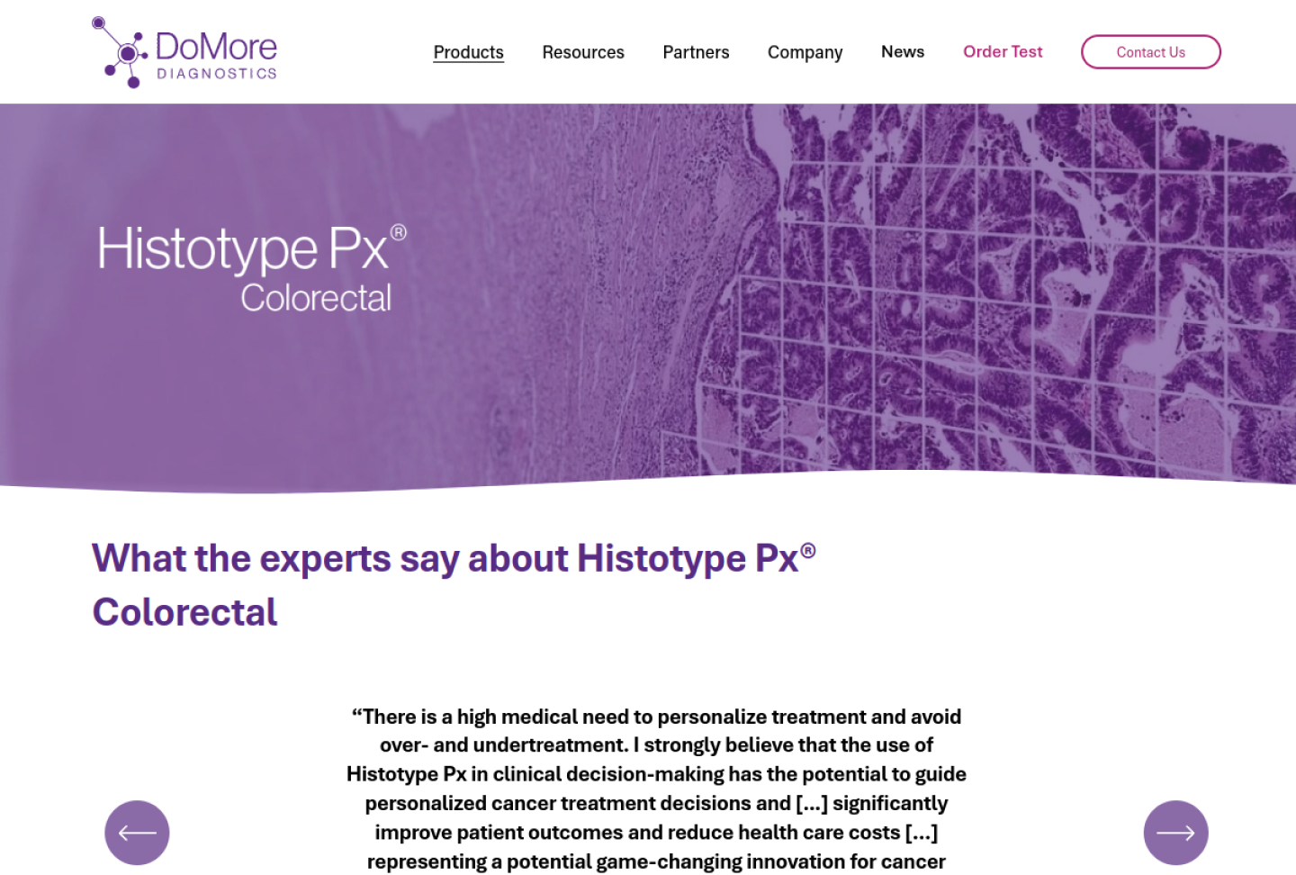 Screenshot of the official DoMore Diagnostics Histotype Px Colorectal product page