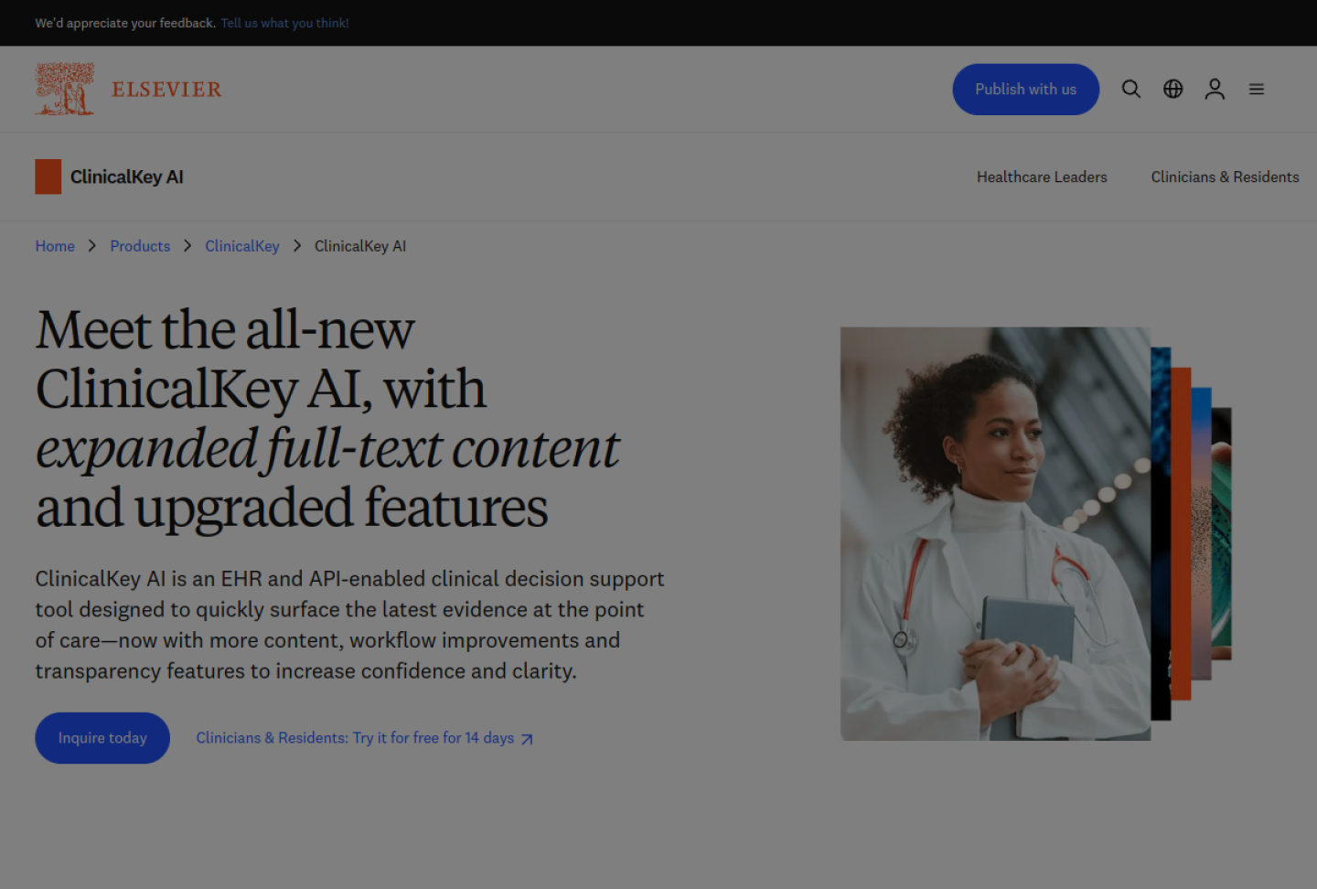Screenshot of the official ClinicalKey AI product page