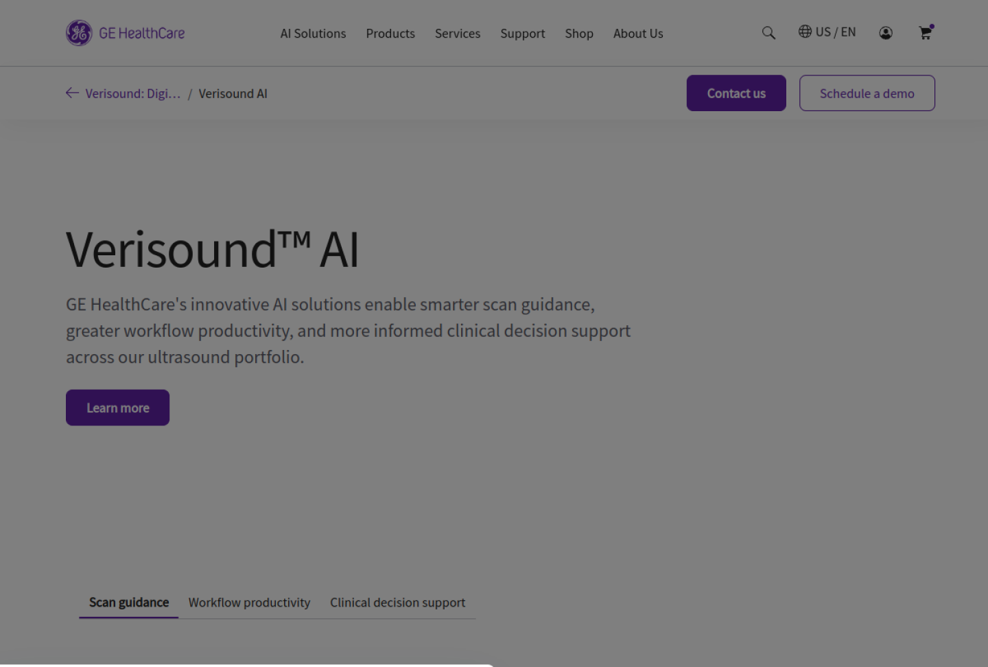 Screenshot of the official GE HealthCare Caption AI product page