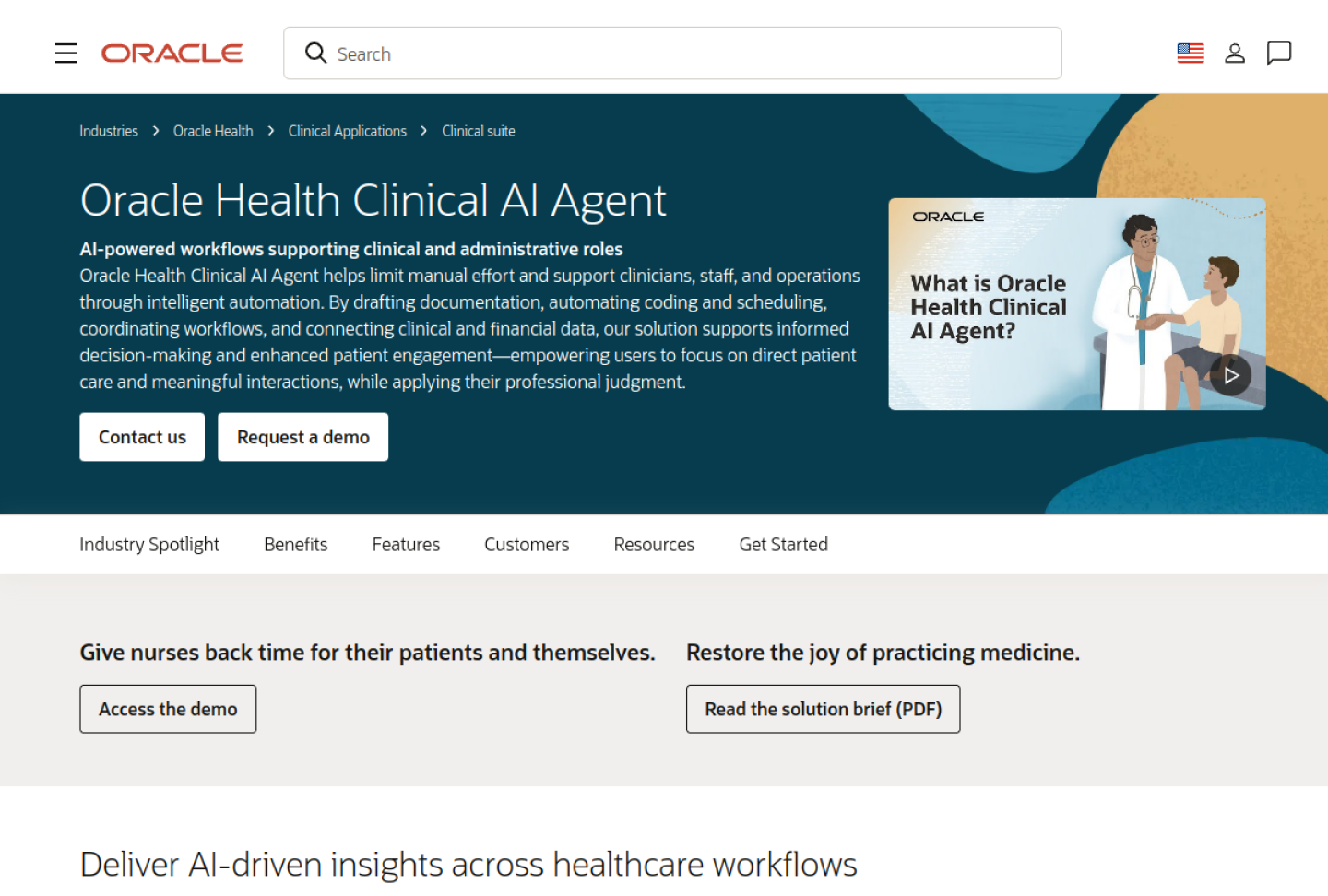 Screenshot of the official Oracle Health Clinical AI Agent product page