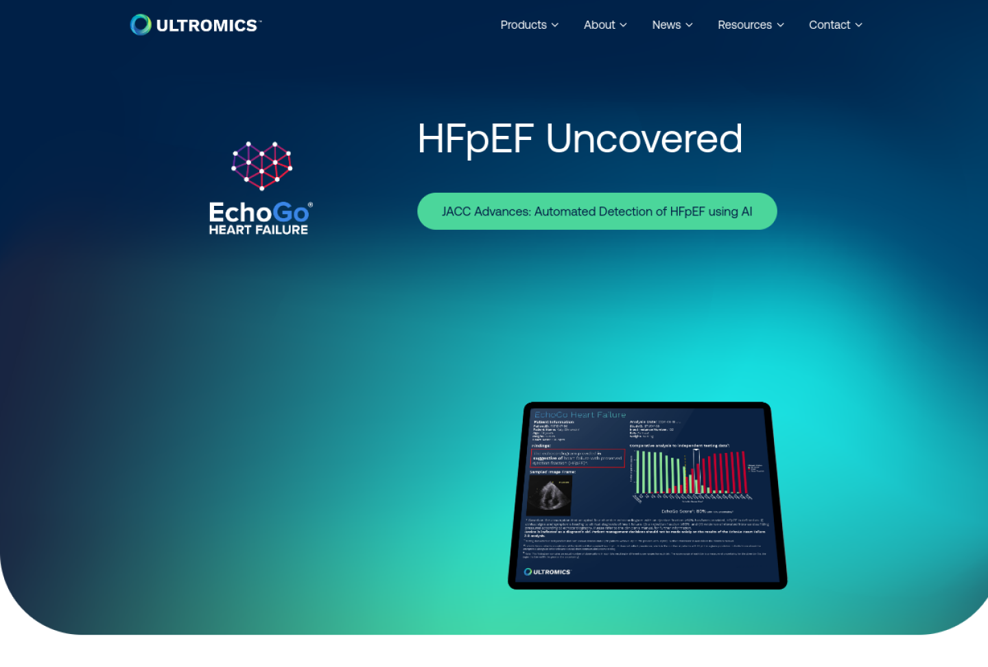 Screenshot of the official Ultromics EchoGo product page