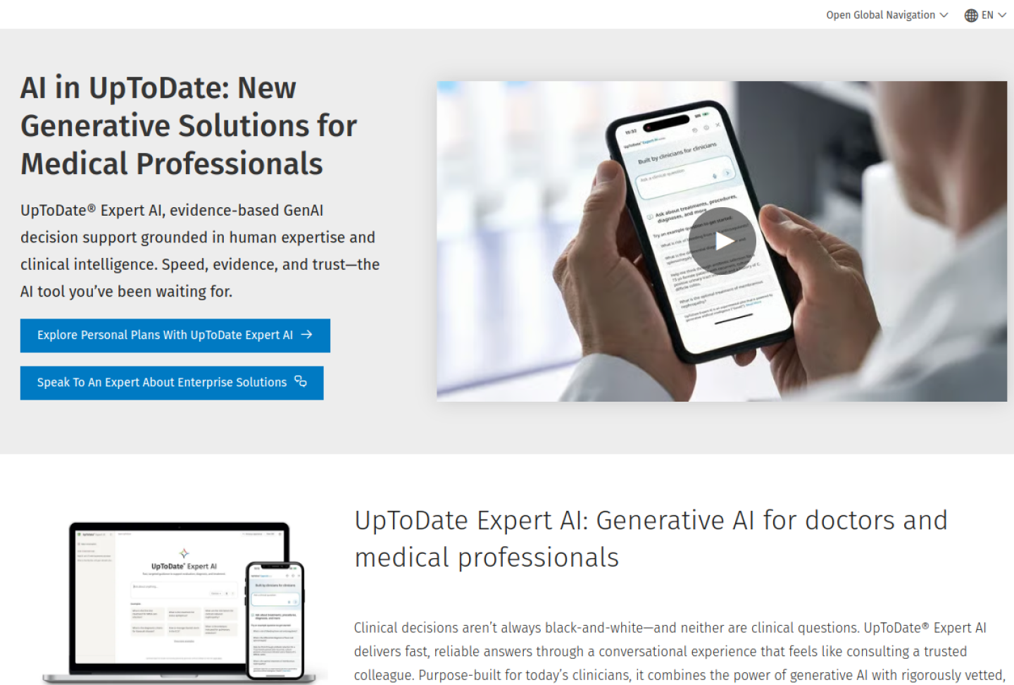 Screenshot of the official UpToDate Expert AI product page