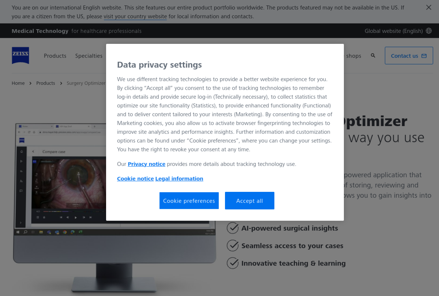 Screenshot of the official ZEISS Surgery Optimizer product page