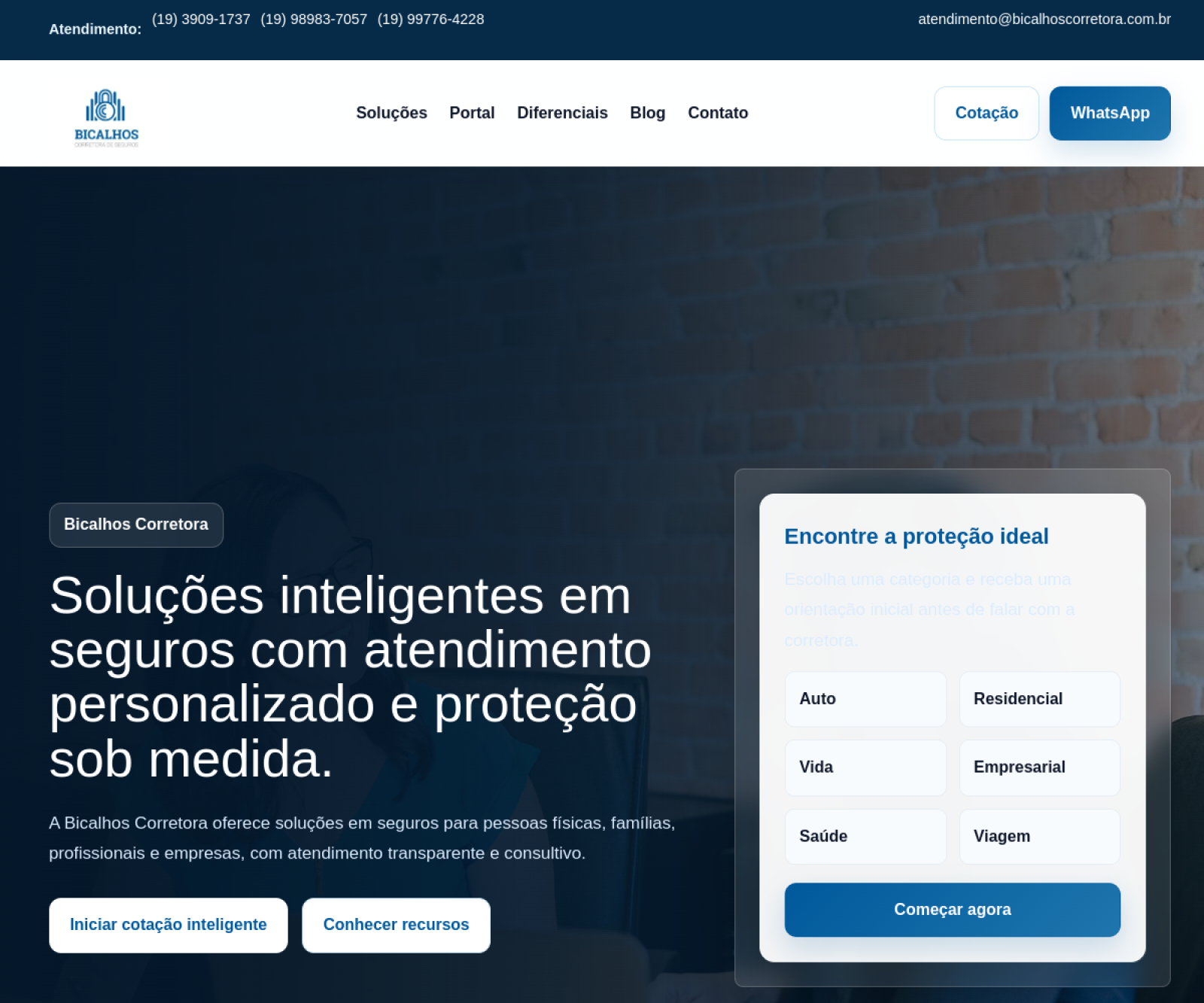 Página inicial do site Bicalhos Corretora