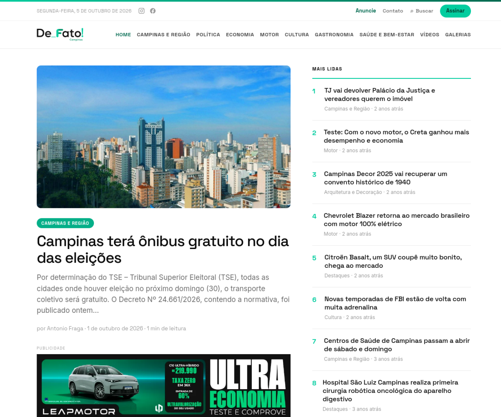 Página inicial do portal De Fato! Campinas
