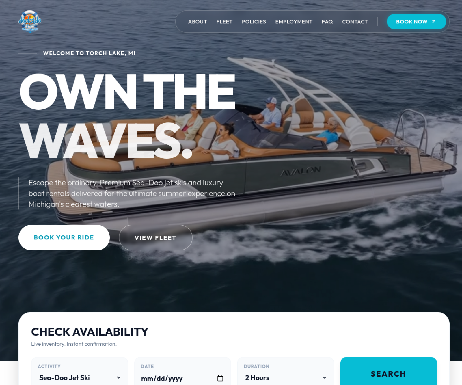 Dockside Watersports — Luxury Boat Rental Platform website by Hassuru