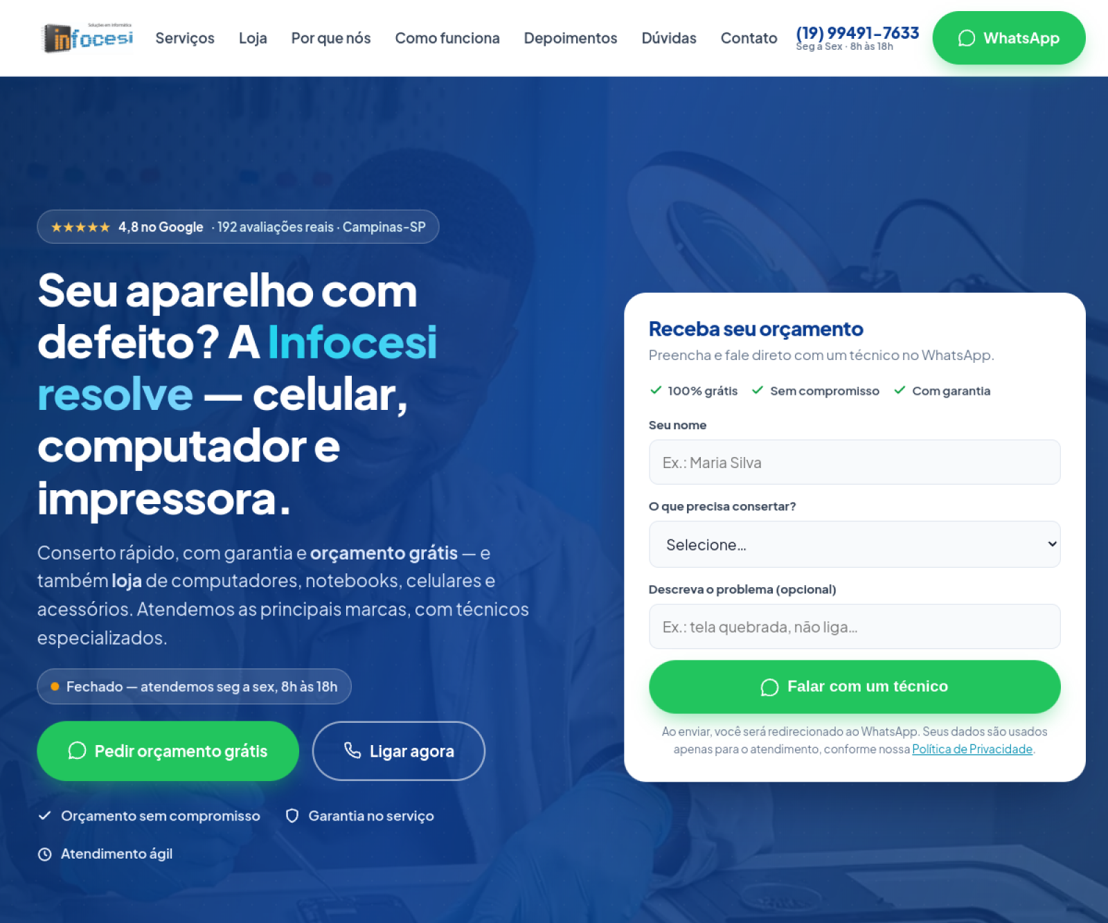 Hero do site Infocesi com promessa de orçamento grátis e atendimento ágil em Campinas
