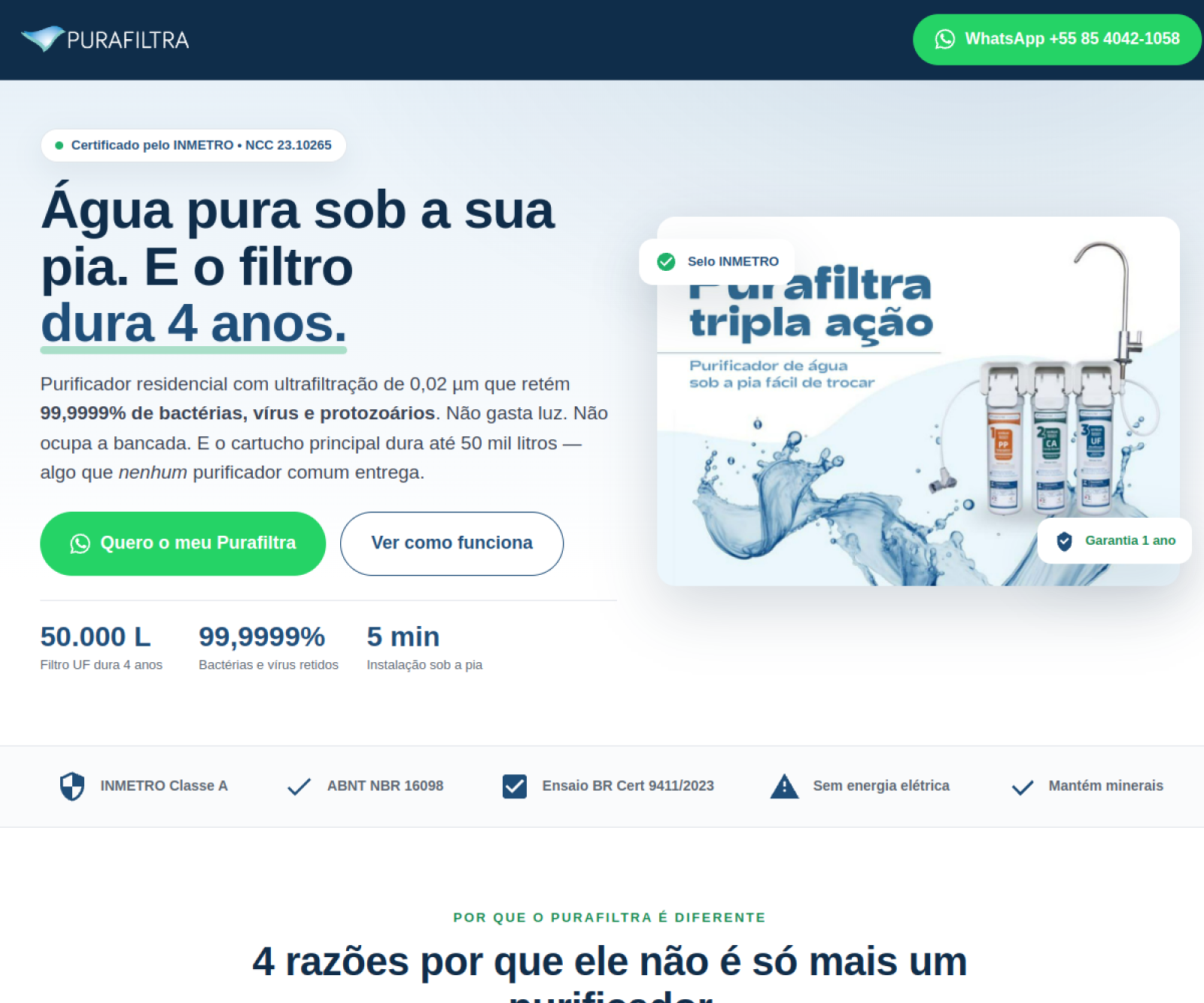 Hero do site Purafiltra com produto e selos INMETRO
