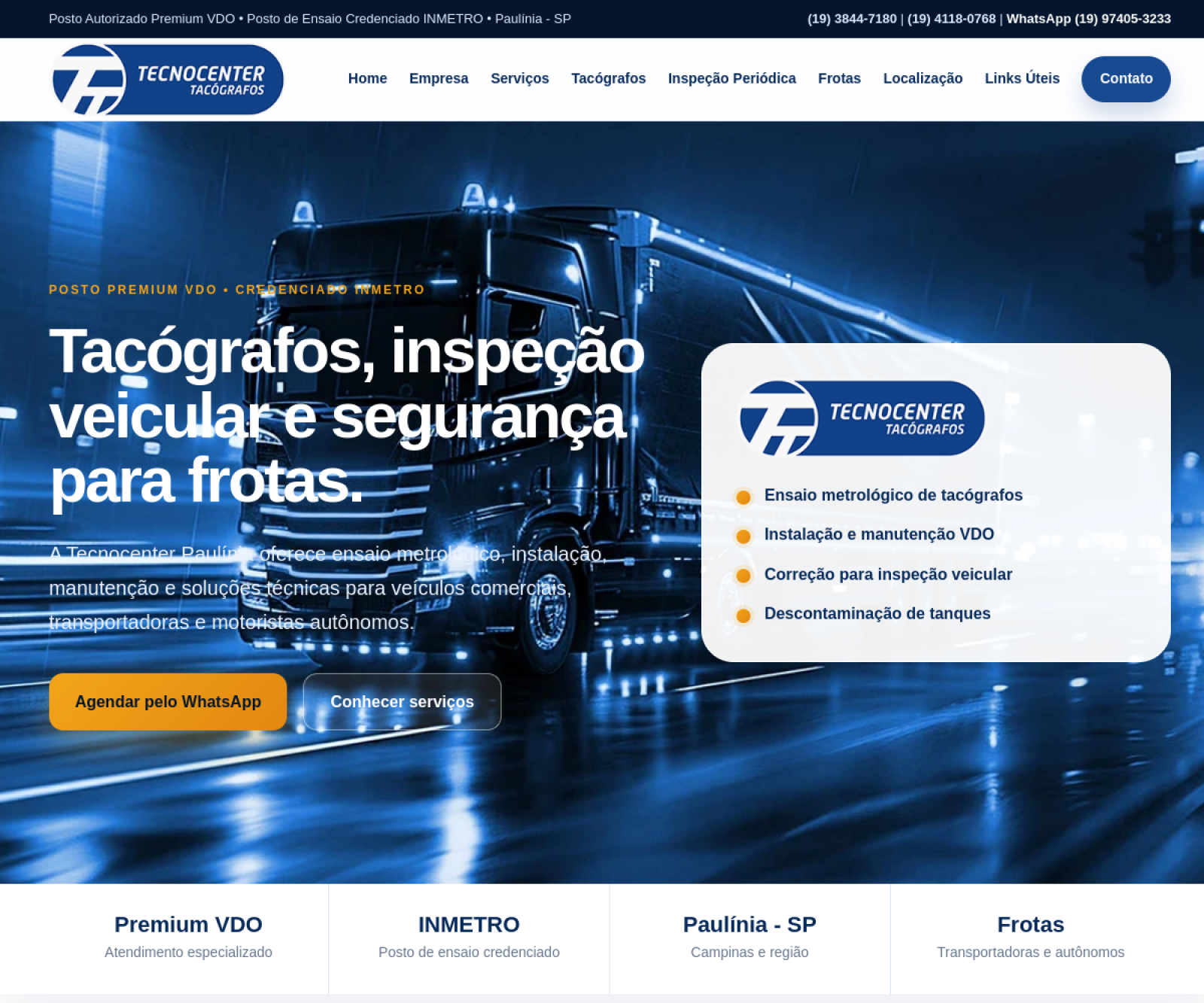 Hero cinematográfico do site Tecnocenter com caminhão azul