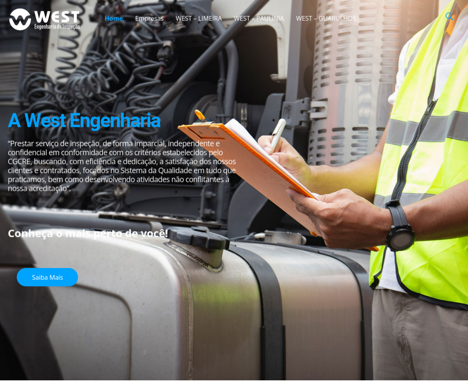 Página inicial do site da West Engenharia de Inspeção