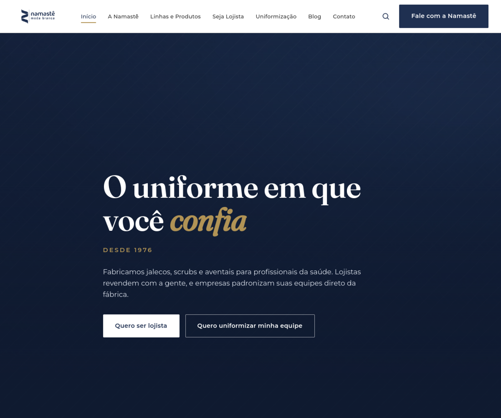 Página inicial do site Namastê Moda Branca