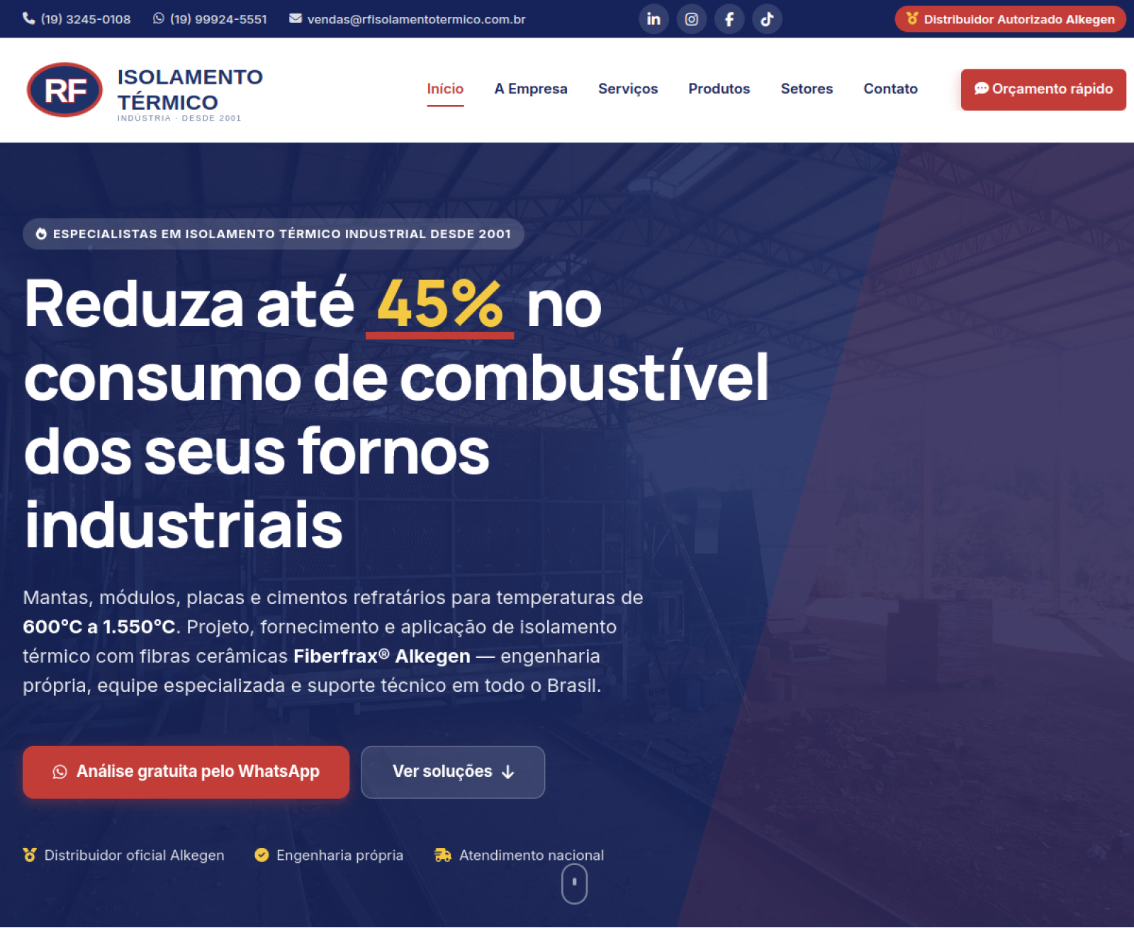 Hero industrial do site RF Isolamento Térmico com headline de redução de 45% em combustível