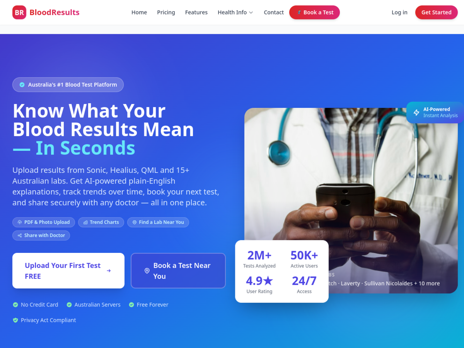 Blood Results Analysis Platform — live screenshot