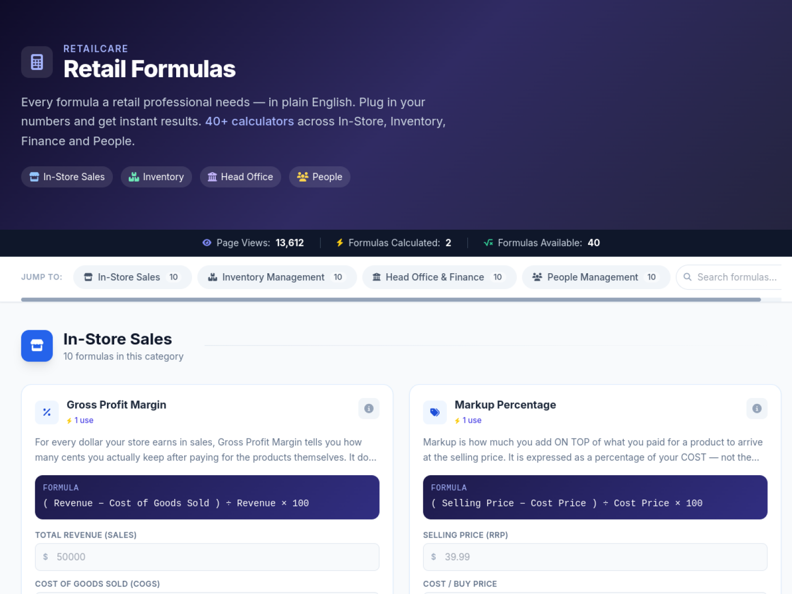 Retail Formulas — live screenshot