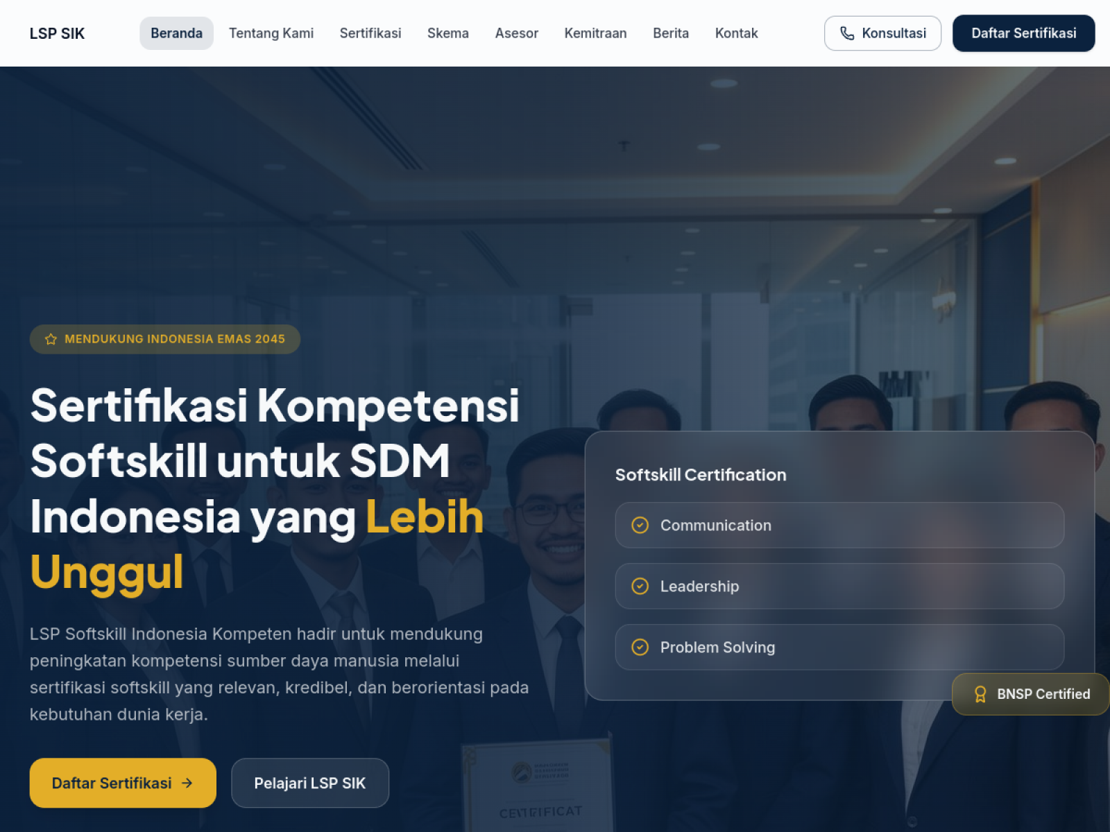 Cuplikan website LSP Softskill Indonesia Kompeten — proyek Professional Certification oleh Wirasena Digital