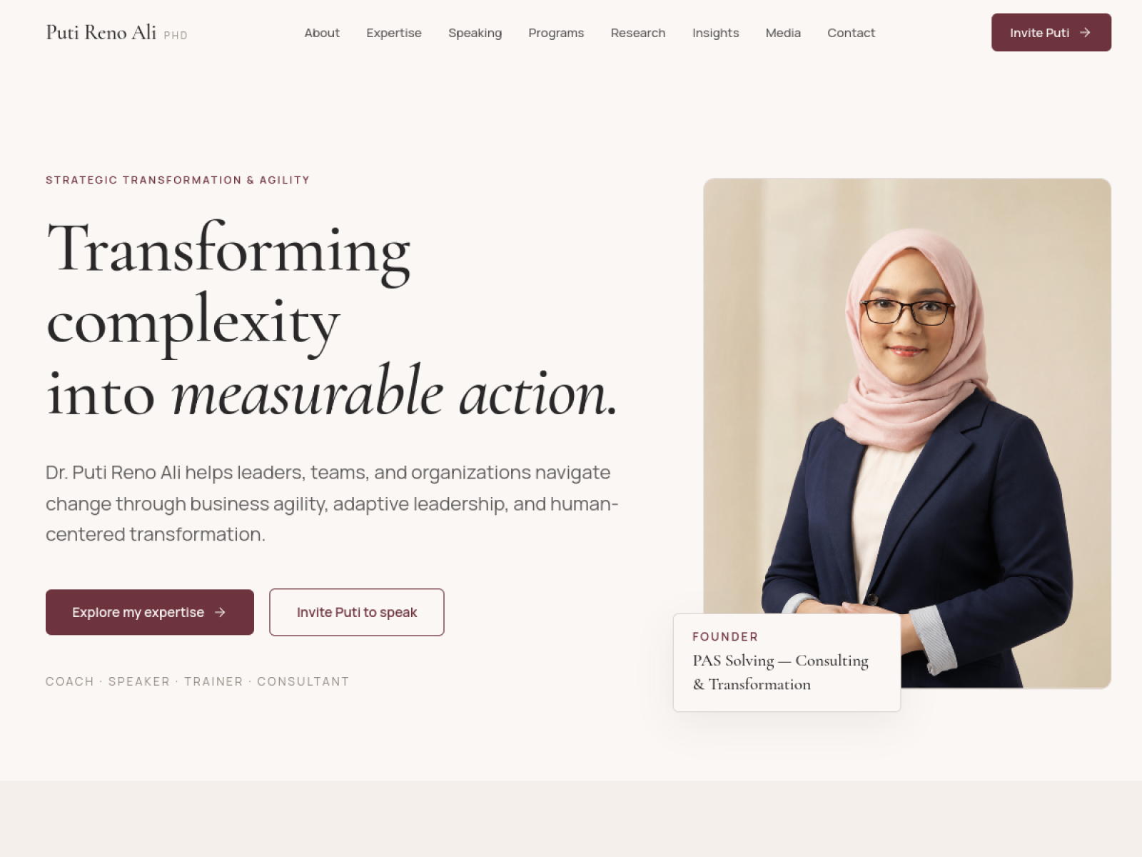 Cuplikan website Puti Reno — proyek Personal Brand oleh Wirasena Digital