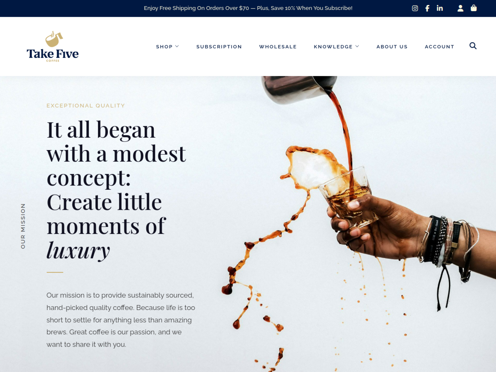 Cuplikan website Take Five Coffee — proyek E-Commerce & Coffee oleh Wirasena Digital
