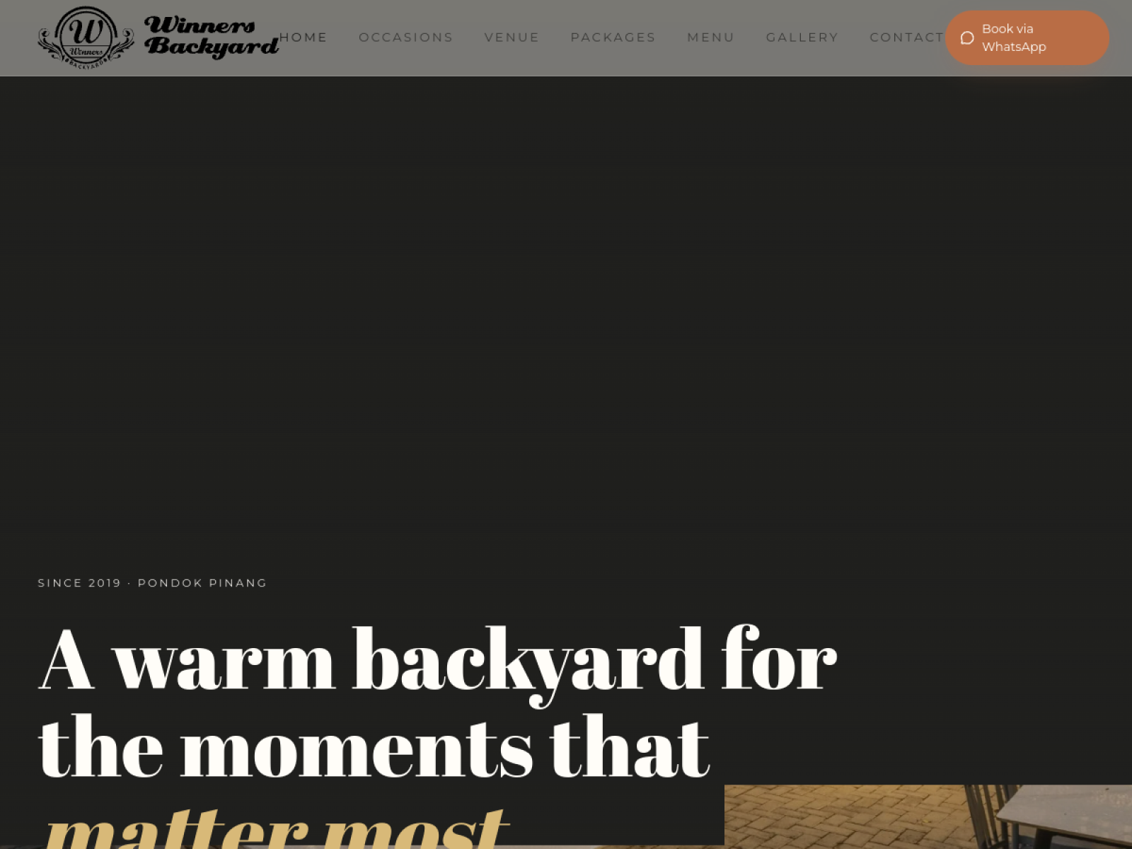 Cuplikan website Winners Backyard — proyek Restaurant & Event Venue oleh Wirasena Digital