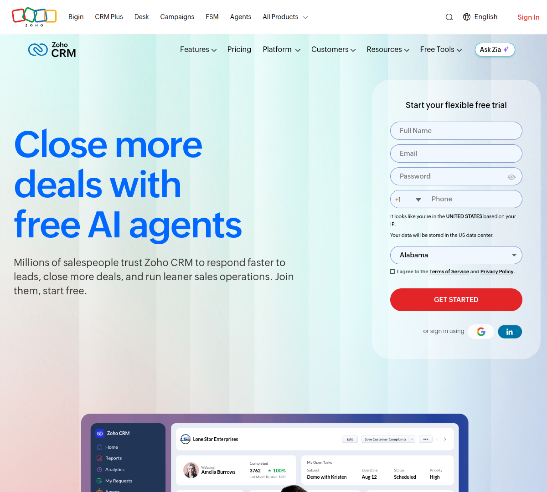Zoho CRM homepage