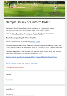 Sample Jersey or Uniform Order Template