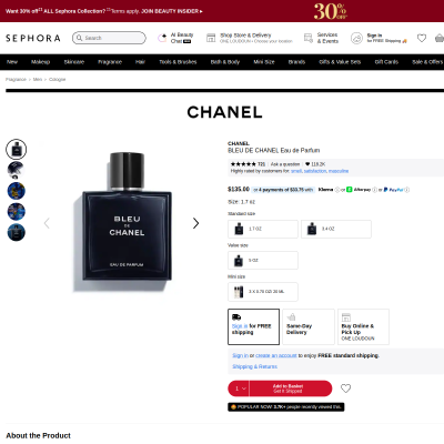 Bleu de Chanel EDP 3.4oz