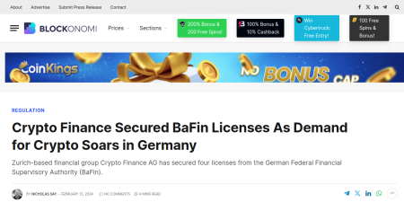 Read the full Article:  ⭲ Crypto Finance Secured BaFin Licenses As Demand for Crypto Soars in Germany