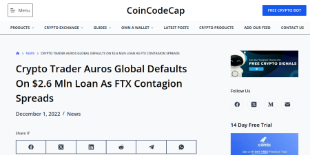 Read the full Article:  ⭲ Crypto Trader Auros Global Defaults On $2.6 Mln Loan As FTX Contagion Spreads