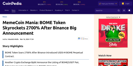 Read the full Article:  ⭲ MemeCoin Mania: BOME Token Skyrockets 2700% After Binance Big Announcement
