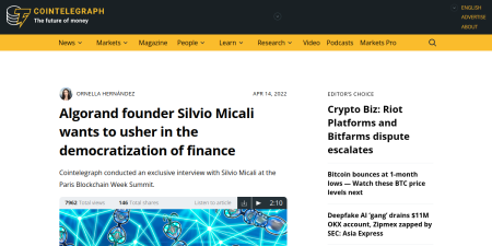 Read the full Article:  ⭲ Algorand founder Silvio Micali wants to usher in the democratization of finance