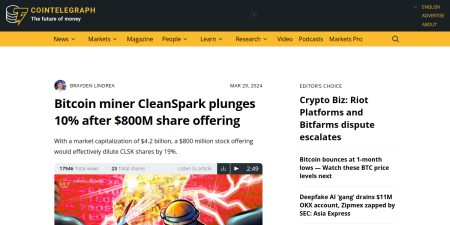 Read the full Article:  ⭲ Bitcoin miner CleanSpark plunges 10% after $800M share offering