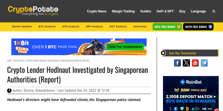 Read the full Article:  ⭲ Crypto Lender Hodlnaut Investigated by Singaporean Authorities (Report)
