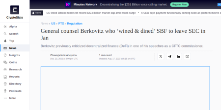 Read the full Article:  ⭲ General counsel Berkovitz who ‘wined & dined’ SBF to leave SEC in Jan