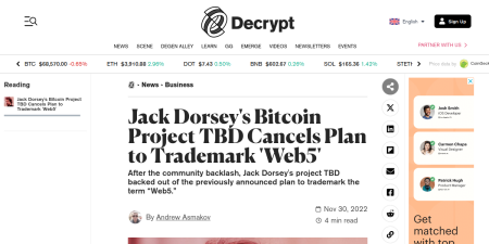 Read the full Article:  ⭲ Jack Dorsey's Bitcoin Project TBD Cancels Plan to Trademark 'Web5'