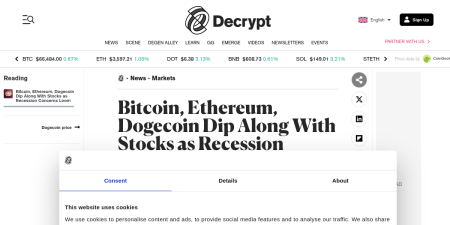 Read the full Article:  ⭲ Bitcoin, Ethereum, Dogecoin Dip Along With Stocks as Recession Concerns Loom