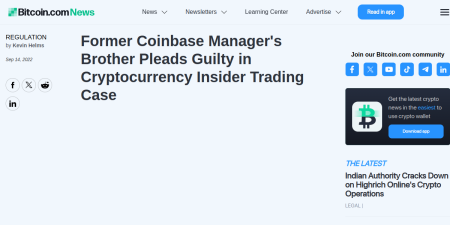 Read the full Article:  ⭲ Former Coinbase Manager’s Brother Pleads Guilty in Cryptocurrency Insider Trading Case